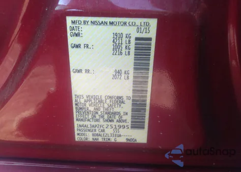 2015 Nissan Altima 2.5 Sv/2.5/2.5 S/2.5 Sl из США, поврежденный, VIN 1N4AL3AP2FC251995